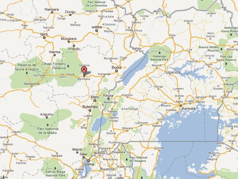 Le point A en rouge, le territoire de Mambasa, dans la Province-Orientale (RDC)
