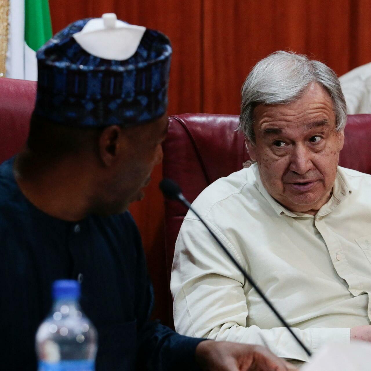 United Nations Secretary-General, Antonio Guterres speaks during a courtesy visit to Borno State Governor Babagana Zulum in Maiduguri, Nigeria, May 3, 2022. REUTERS/Afolabi Sotunde