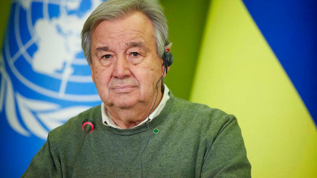 In this image provided by the Ukrainian Presidential Press Office, U.N. Secretary-General Antonio Guterres attend a joint news conference with Ukrainian President Volodymyr Zelenskyy in Kyiv, Ukraine, Thursday, April 28, 2022. (Ukrainian Presidential Press Office via AP)