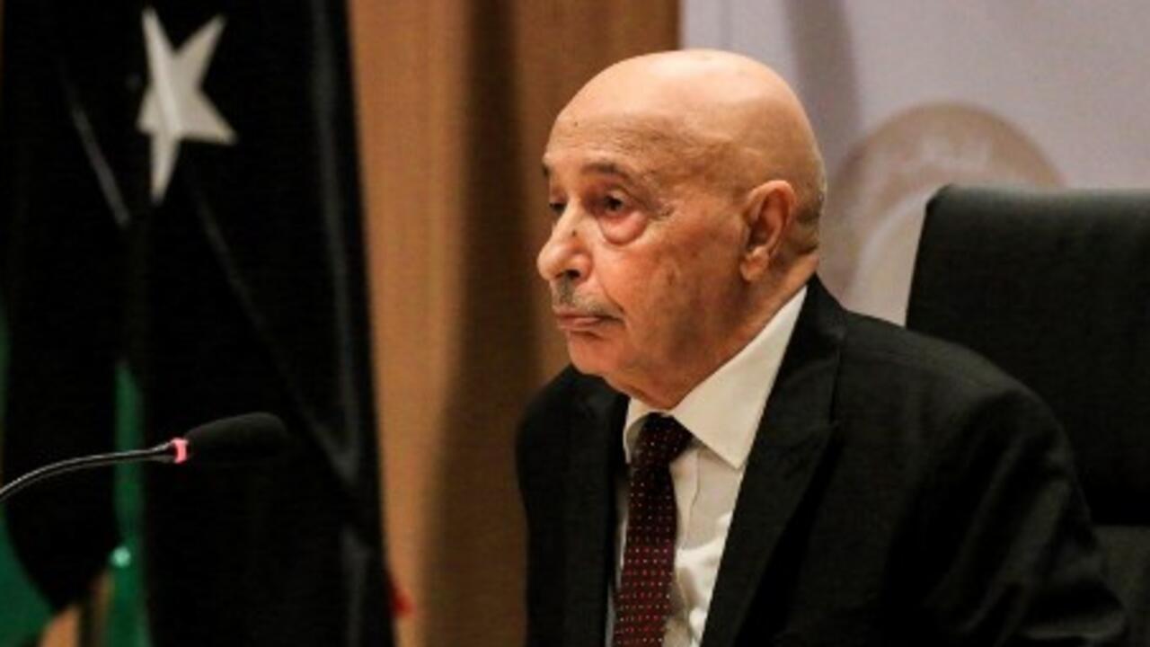 Aguila Saleh Issa, speaker of Libya’s fomerly-Tobruk-based House of Representatives which was elected in 2014, chairs the first session for the assembly at its new headquarters in the second city of Benghazi in the eastern part of the country controlled by strongman Khalifa Haftar, on April 13, 2019. (Photo by Abdullah DOMA / AFP)